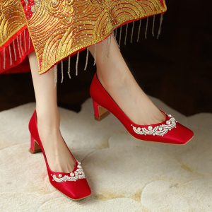 Exquisite Red Chunky Heel Wedding Shoes for Brides - Comfortable Chinese Qipao Style, High-End Design for Wide and Fat Feet