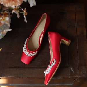 Exquisite Red Chunky Heel Wedding Shoes for Brides - Comfortable Chinese Qipao Style, High-End Design for Wide and Fat Feet