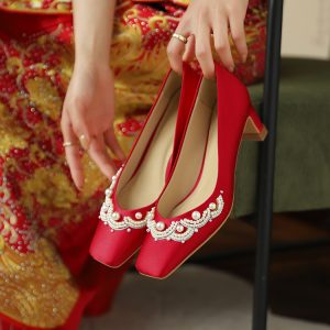 Exquisite Red Chunky Heel Wedding Shoes for Brides - Comfortable Chinese Qipao Style, High-End Design for Wide and Fat Feet