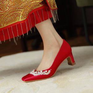 Exquisite Red Chunky Heel Wedding Shoes for Brides - Comfortable Chinese Qipao Style, High-End Design for Wide and Fat Feet