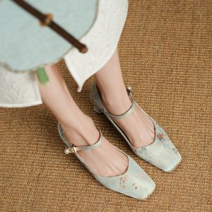 Exquisite Vintage Jacquard Qipao Mary Jane Shoes with Chunky Heels - Comfortable High Heels for Wide Feet - Daily Wear Footwear