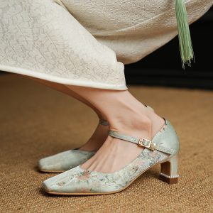 Exquisite Vintage Jacquard Qipao Mary Jane Shoes with Chunky Heels - Comfortable High Heels for Wide Feet - Daily Wear Footwear