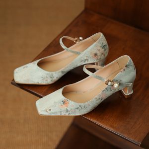 Exquisite Vintage Jacquard Qipao Mary Jane Shoes with Chunky Heels - Comfortable High Heels for Wide Feet - Daily Wear Footwear