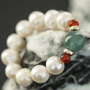 Exquisite Vintage Natural Freshwater Pearl Ring with Agate and Jade, Light Luxury Jewelry Gift for Women