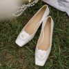 Exquisite White Chunky Heel Wedding Shoes with French Camellia Design - High-End Comfortable Square Toe Bridal Heels