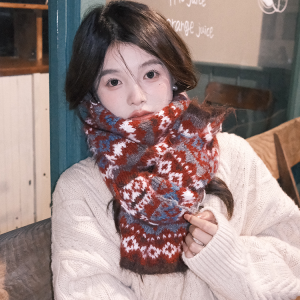 Fair Isle Red Jacquard Wool Scarf for Women, Thickened Neck Warmer for Autumn & Winter, Cozy High-End Fashion Accessory