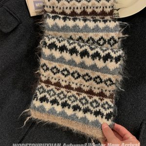 Fair Isle Red Jacquard Wool Scarf for Women, Thickened Neck Warmer for Autumn & Winter, Cozy High-End Fashion Accessory
