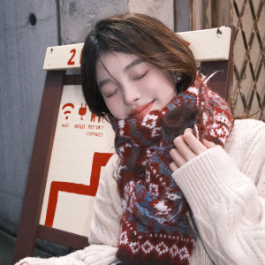 Fair Isle Red Jacquard Wool Scarf for Women, Thickened Neck Warmer for Autumn & Winter, Cozy High-End Fashion Accessory