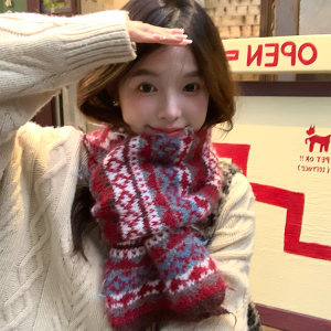 Fair Isle Red Jacquard Wool Scarf for Women, Thickened Neck Warmer for Autumn & Winter, Cozy High-End Fashion Accessory