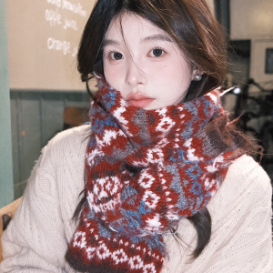 Fair Isle Red Jacquard Wool Scarf for Women, Thickened Neck Warmer for Autumn & Winter, Cozy High-End Fashion Accessory