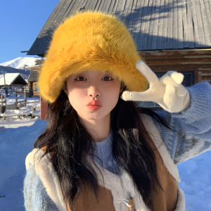 Faux Fur Mink Fisherman Hat for Women - Autumn Winter Plush Lei Feng Style, Face-Slimming Design, Trendy Streetwear Accessory