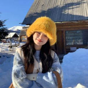 Faux Fur Mink Fisherman Hat for Women - Autumn Winter Plush Lei Feng Style, Face-Slimming Design, Trendy Streetwear Accessory