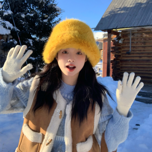 Faux Fur Mink Fisherman Hat for Women - Autumn Winter Plush Lei Feng Style, Face-Slimming Design, Trendy Streetwear Accessory