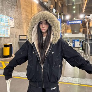 Faux Rabbit Fur Hooded Cotton Jacket - National Trend Short Wide Parka for a Chic Amoeba Look