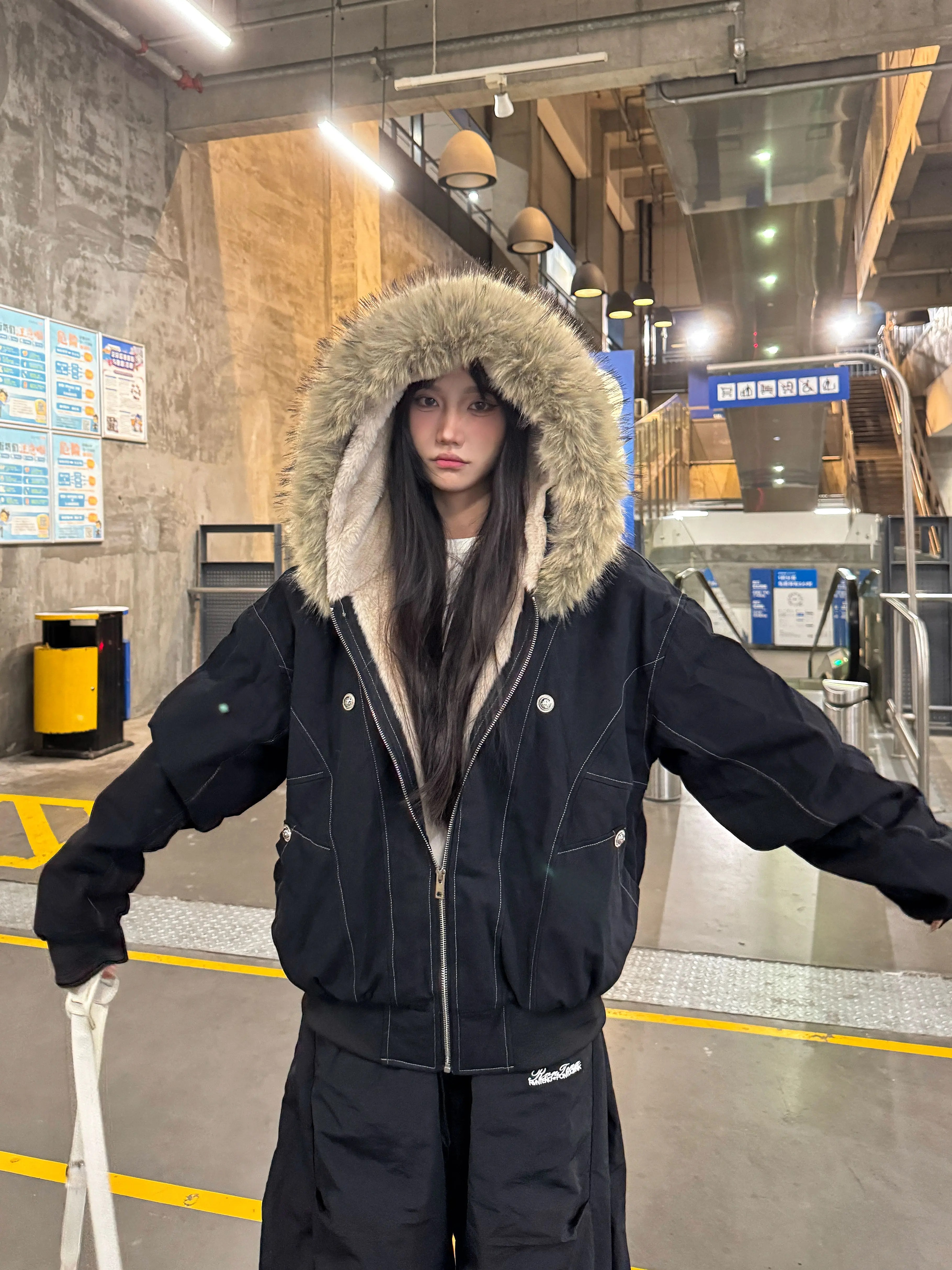 Faux Rabbit Fur Hooded Cotton Jacket - National Trend Short Wide Parka for a Chic Amoeba Look