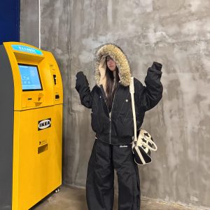 Faux Rabbit Fur Hooded Cotton Jacket - National Trend Short Wide Parka for a Chic Amoeba Look