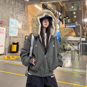 Faux Rabbit Fur Hooded Cotton Jacket - National Trend Short Wide Parka for a Chic Amoeba Look