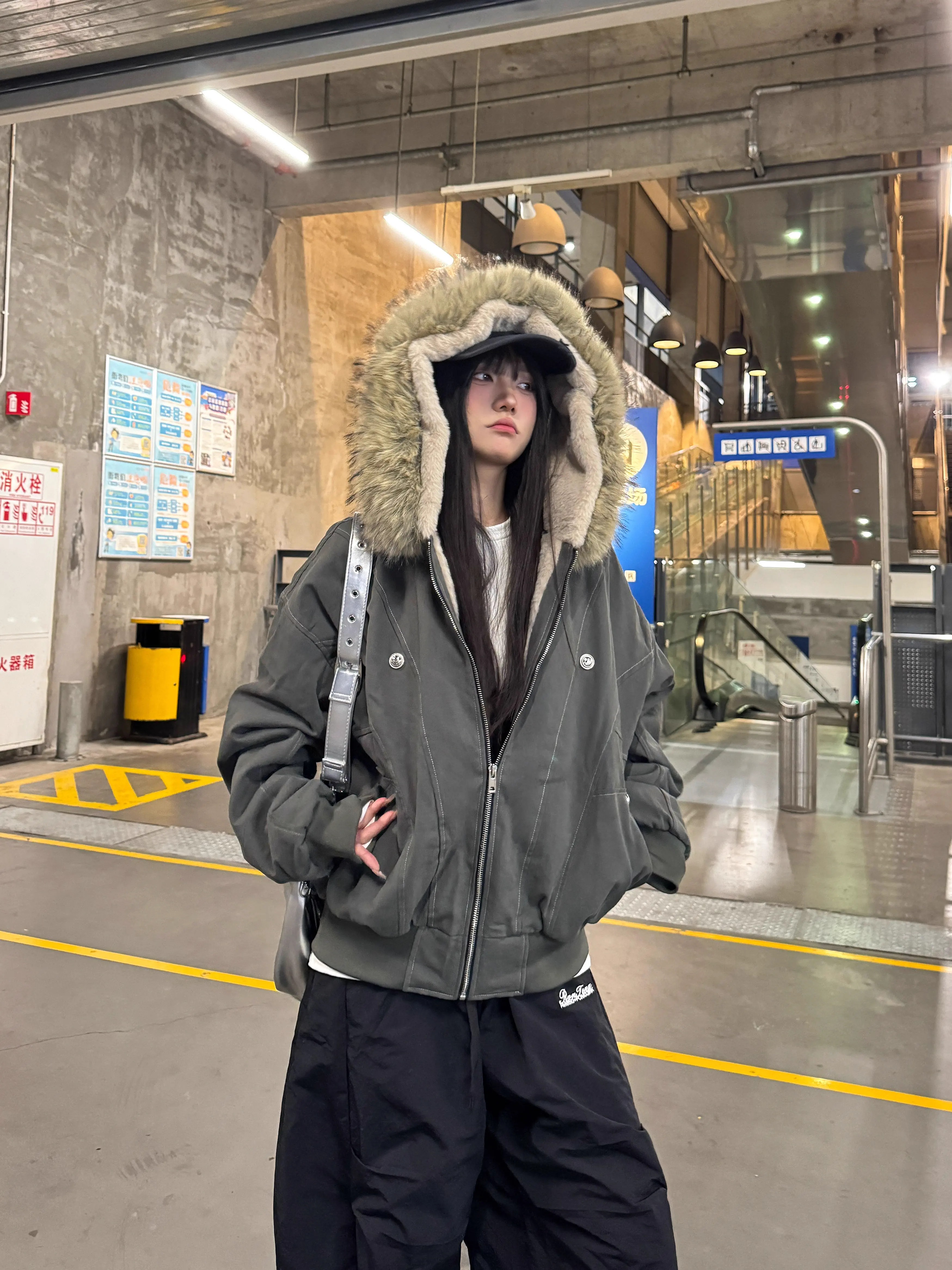 Faux Rabbit Fur Hooded Cotton Jacket - National Trend Short Wide Parka for a Chic Amoeba Look