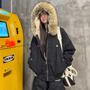 Faux Rabbit Fur Hooded Cotton Jacket - National Trend Short Wide Parka for a Chic Amoeba Look