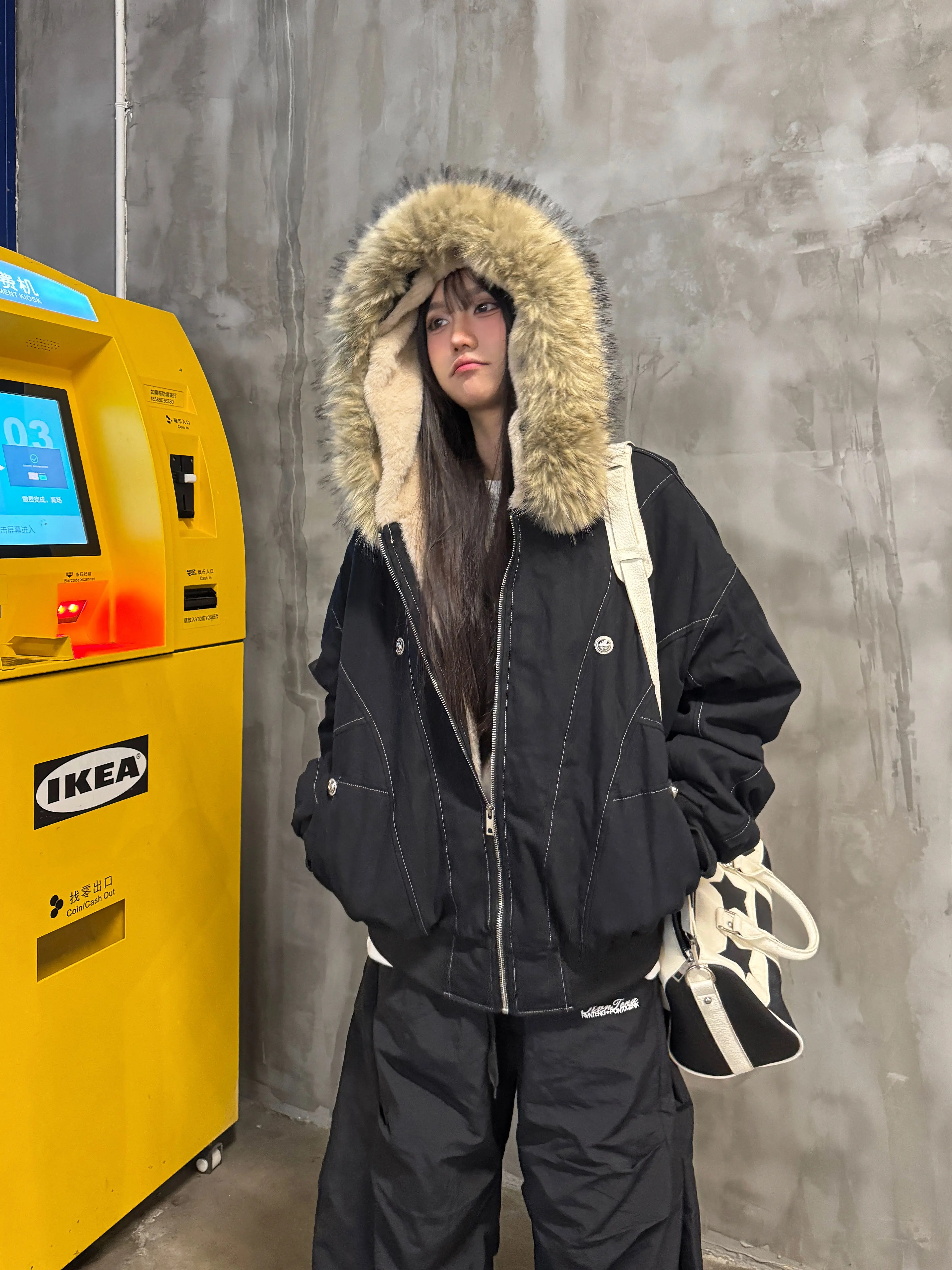Faux Rabbit Fur Hooded Cotton Jacket - National Trend Short Wide Parka for a Chic Amoeba Look
