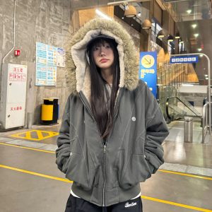Faux Rabbit Fur Hooded Cotton Jacket - National Trend Short Wide Parka for a Chic Amoeba Look