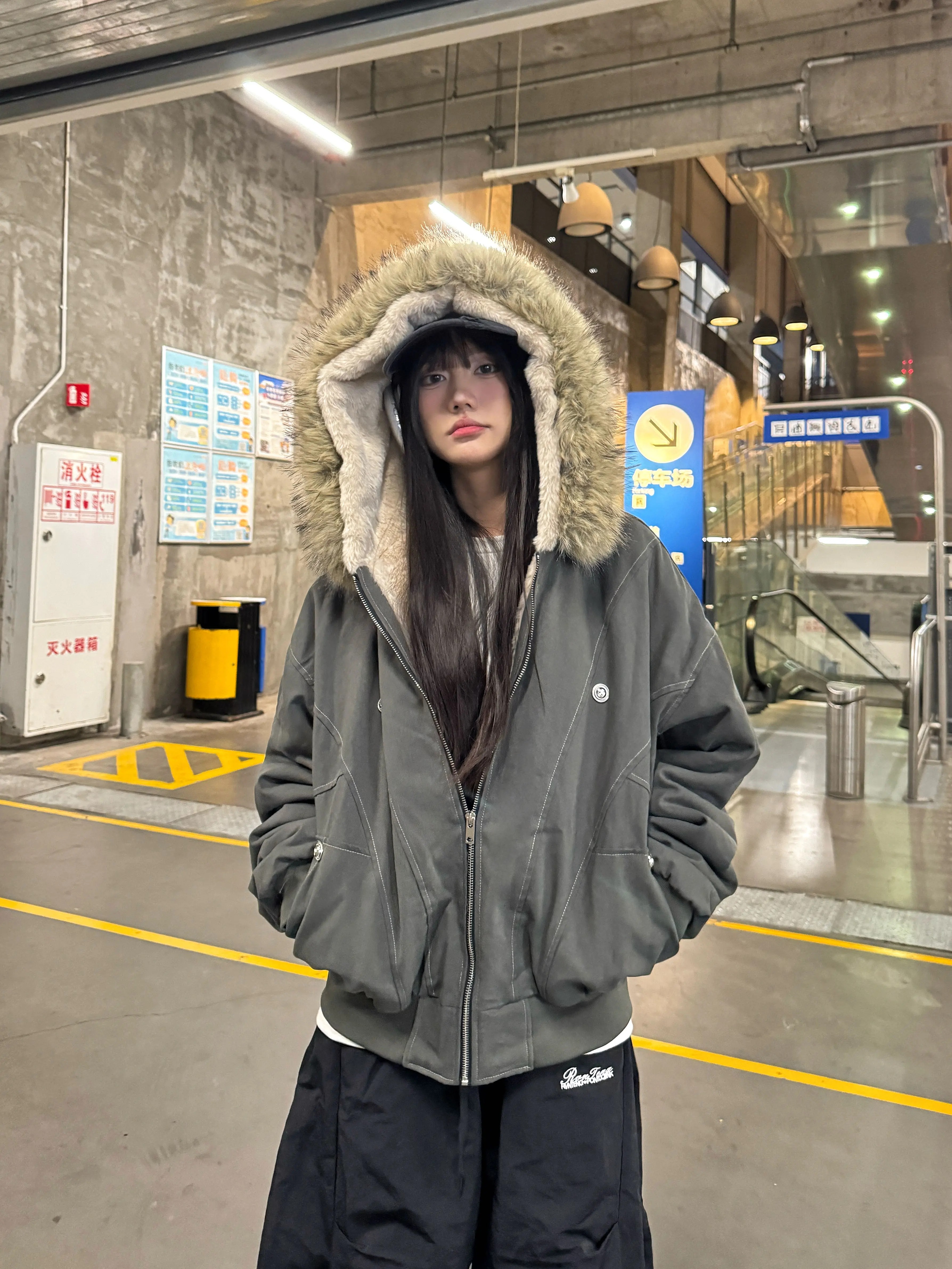Faux Rabbit Fur Hooded Cotton Jacket - National Trend Short Wide Parka for a Chic Amoeba Look