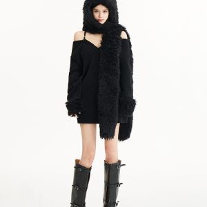 Faux Two-Piece Off-Shoulder Knitted Top with Hat and Scarf - Loose Fit, Cozy Style for Casual Y2K Fashion