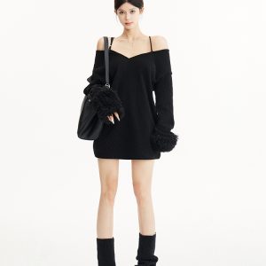 Faux Two-Piece Off-Shoulder Knitted Top with Hat and Scarf - Loose Fit, Cozy Style for Casual Y2K Fashion