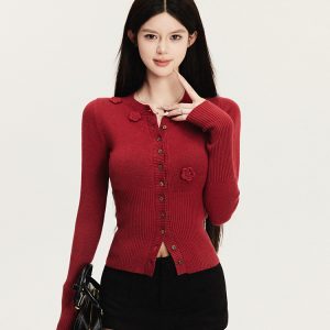 Festive Red Buttoned Knit Cardigan with Exquisite Flower Buttons - Chic Layering Piece for 90s and Y2K Style