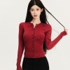 Festive Red Buttoned Knit Cardigan with Exquisite Flower Buttons - Chic Layering Piece for 90s and Y2K Style