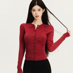 Festive Red Buttoned Knit Cardigan with Exquisite Flower Buttons - Chic Layering Piece for 90s and Y2K Style