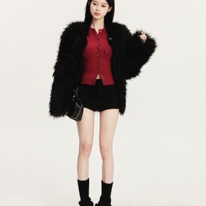 Festive Red Buttoned Knit Cardigan with Exquisite Flower Buttons - Chic Layering Piece for 90s and Y2K Style