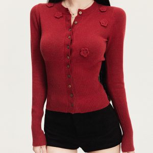 Festive Red Buttoned Knit Cardigan with Exquisite Flower Buttons - Chic Layering Piece for 90s and Y2K Style