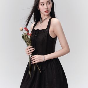 First Edition French Jacquard Pleated Strap Dress with Bow and Sheer Overlay - Elegant Party Dress, Vintage-Inspired Fashion