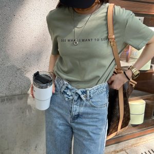 Fitted Gray-Green T-Shirt for Women - Round Neck, Short Sleeves, Slim Fit, Letter Print - Versatile Summer Style