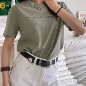 Fitted Gray-Green T-Shirt for Women - Round Neck, Short Sleeves, Slim Fit, Letter Print - Versatile Summer Style