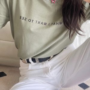 Fitted Gray-Green T-Shirt for Women - Round Neck, Short Sleeves, Slim Fit, Letter Print - Versatile Summer Style