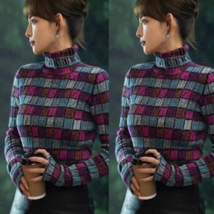 Fitted High-Neck Knitted Top in Plaid - Slimming Matching T-Shirt Inspired by 90s Style & Y2K Fashion Trends