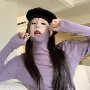 Fitted Purple Sweater with Pile Collar, Women's High-Neck Knitted Top for Autumn/Winter, Sweet and Spicy Fashion Essential