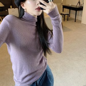 Fitted Purple Sweater with Pile Collar, Women's High-Neck Knitted Top for Autumn/Winter, Sweet and Spicy Fashion Essential