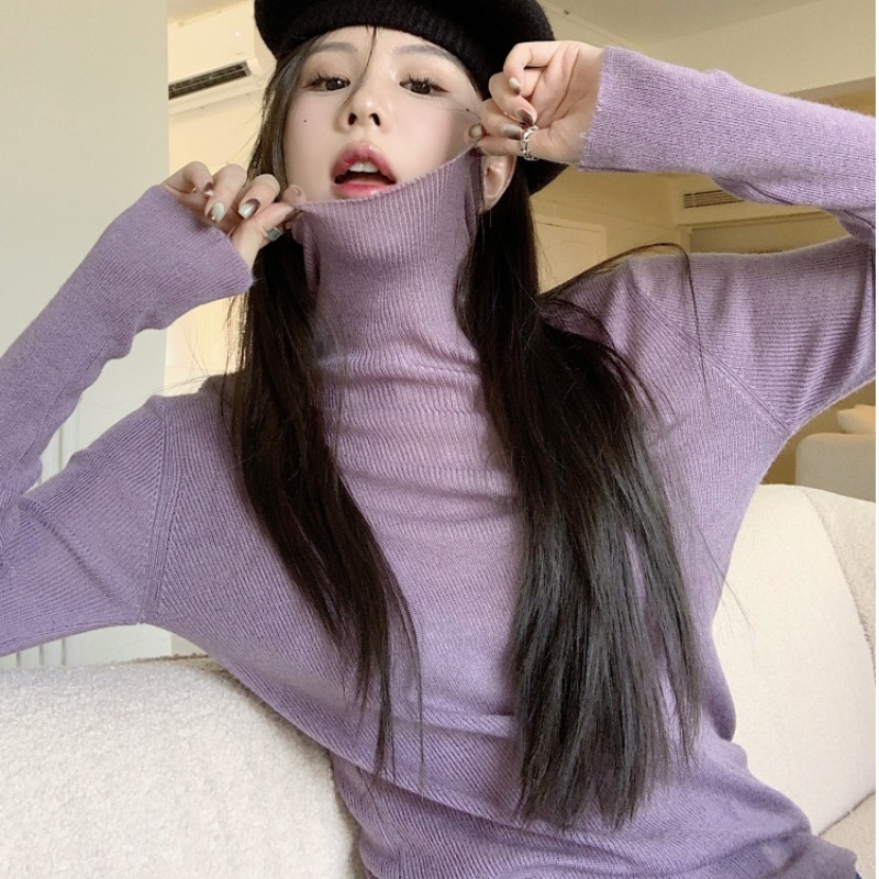 Fitted Purple Sweater with Pile Collar, Women's High-Neck Knitted Top for Autumn/Winter, Sweet and Spicy Fashion Essential