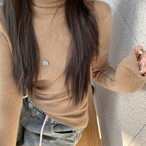 Fitted Purple Sweater with Pile Collar, Women's High-Neck Knitted Top for Autumn/Winter, Sweet and Spicy Fashion Essential