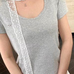 Fitted V-Neck Lace Short Sleeve T-Shirt with Flowing Ribbon and Structured Shoulders for Women - Sexy Unique Style