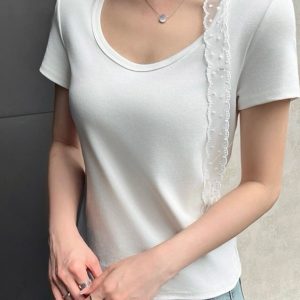Fitted V-Neck Lace Short Sleeve T-Shirt with Flowing Ribbon and Structured Shoulders for Women - Sexy Unique Style