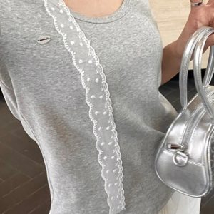 Fitted V-Neck Lace Short Sleeve T-Shirt with Flowing Ribbon and Structured Shoulders for Women - Sexy Unique Style