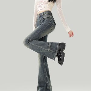 Flared High-Waisted Fleece-Lined Jeans for Women - Retro Autumn/Winter 2024 Slim Fit Bell-Bottoms