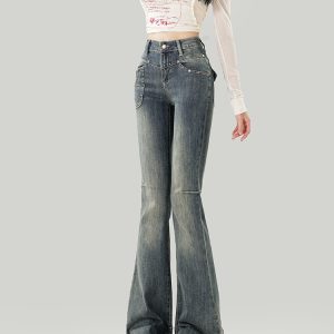 Flared High-Waisted Fleece-Lined Jeans for Women - Retro Autumn/Winter 2024 Slim Fit Bell-Bottoms