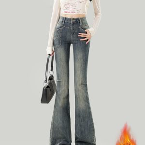 Flared High-Waisted Fleece-Lined Jeans for Women - Retro Autumn/Winter 2024 Slim Fit Bell-Bottoms