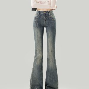 Flared High-Waisted Fleece-Lined Jeans for Women - Retro Autumn/Winter 2024 Slim Fit Bell-Bottoms