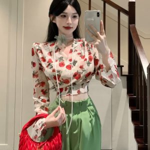Flared Sleeve Floral Chiffon Shirt with Bow Tie - Stylish Long Sleeve Summer Outerwear for Sun Protection